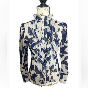 Go International Chic White and Blue Ruffle Longsleeve Butterfly  Top Blouse